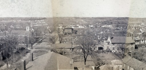 This section of the much-discussed 1888 St George Church panorama of Fredericksburg shows the roof and chimneys of the Farmers' Bank on the left foreground. Note the use of the lots that are now mostly tarmac deserts. This section of the panorama came from Fredericksburg Remembered. http://cdn.loc.gov/service/pnp/cph/3c00000/3c00000/3c00600/3c00623v.jpg 